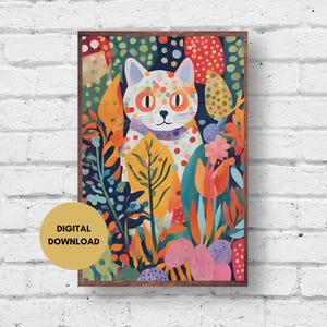 Polka Dot Cat Print, Cat Wall Art, Digital Print, Quirky Cat Art, Cat Poster, Colourful Cat Print, Retro Wall Art, Boho Cat Art Print