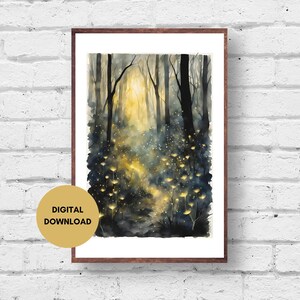 Watercolor Firefly Forest with Wildflowers Print, Digital Print, Dark Moody Landscape Art, Woodland Painting, Dark Forest Wall Art, Fantasy