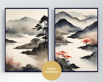 Japanese Wall Art Set of 2 Prints, Digital Download, Watercolor Japanese Prints, Minimalist Wall Art, Japandi Decor, Zen Print Japandi Art