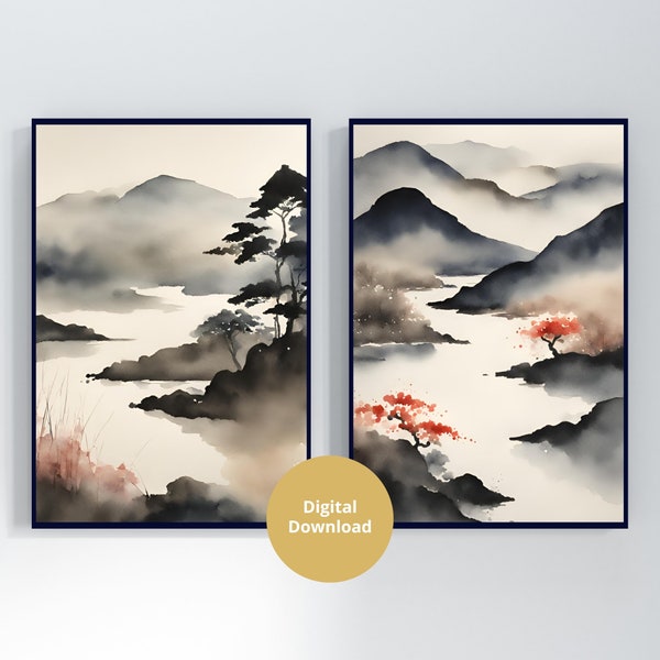 Japanese Wall Art Set of 2 Prints, Digital Download, Watercolor Japanese Prints, Minimalist Wall Art, Japandi Decor, Zen Print Japandi Art