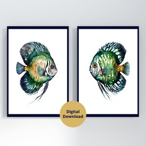 Watercolor Fish Print Set of 2, Digital Download, Modern Marine Art, Green Blue Fish Painting, Fish Illustration, Beach House Art Printable