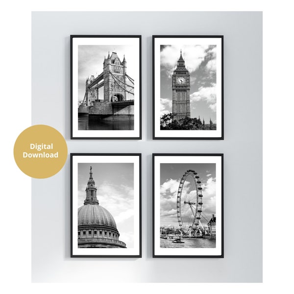 London Print Set, Digital Download, London Poster Black and White, London Photos, Set of 4, Tower Bridge, Big Ben, London Eye, St Pauls