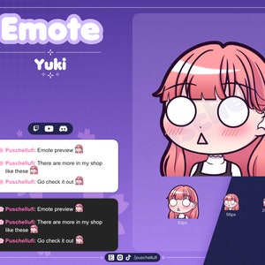 Puede incluir: Un personaje animado rosa y blanco con ojos grandes y una expresión de sorpresa. El personaje lleva un vestido negro y tiene el pelo rosa. La imagen incluye el texto "Emote Yuki" y "Puschellufi: Emote preview".