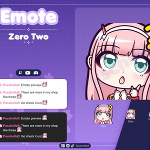 Könnte beinhalten: Digitales Kunstwerk mit einem Anime-Charakter mit rosa Haaren und grünen Augen, einem gelben Fragezeichen und dem Wort "Emote". Das Bild enthält den Text "Zero Two" und Social-Media-Symbole.
