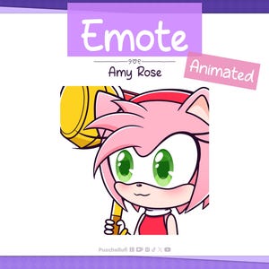 May include: Animated emote of Amy Rose from the Sonic the Hedgehog franchise. She is pink with green eyes and is holding a yellow hammer. The text "Emote 99¢ Animated Amy Rose" is at the top of the image.