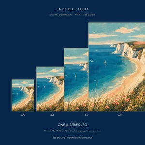 May include: A digital download print size guide titled LAYER & LIGHT, displaying four vertical coastal landscape art prints labeled A5, A4, A3, and A2. The artwork features white cliffs, a blue ocean, a sandy beach, and pink wildflowers.