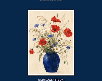 Poppy Cornflower Cottagecore Wildflower Print, Fine Art Botanical Wall Art, British Country Home Decor