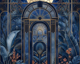 Glasshouse Moon Giclee Fine Art Print, Art Deco Botanical Wall Art, Moody Conservatory Decor