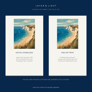 May include: Two rectangular panels on a dark blue background labeled LAYER & LIGHT. Each shows a coastal landscape painting of white cliffs, blue ocean, and a sandy beach. The left panel is labeled DIGITAL DOWNLOAD, and the right is labeled FINE-ART PRINT.