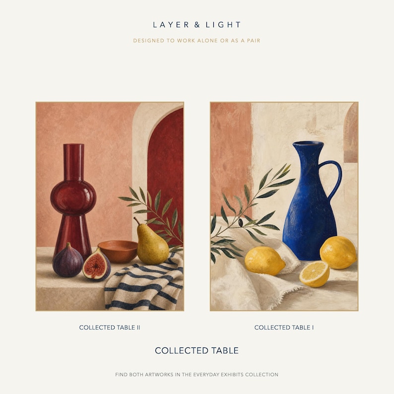 K&ouml;nnte beinhalten: Zwei gerahmte Kunstdrucke mit dem Titel Collected Table I und II. Der erste Druck zeigt eine rote Vase, eine Feige, eine Birne und ein gestreiftes Tuch. Der zweite zeigt einen blauen Krug, Zitronen und ein wei&szlig;es Tuch. Text: LAYER & LIGHT.