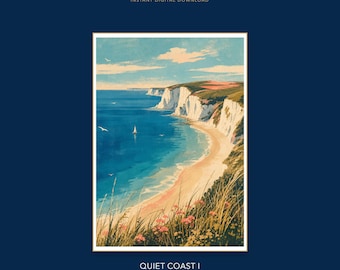 Britische Kreidefelsen-Meereslandschaft: Druckbares Wandbild, Küstenmotiv zum digitalen Download, Dekoration für die South Downs in Sussex