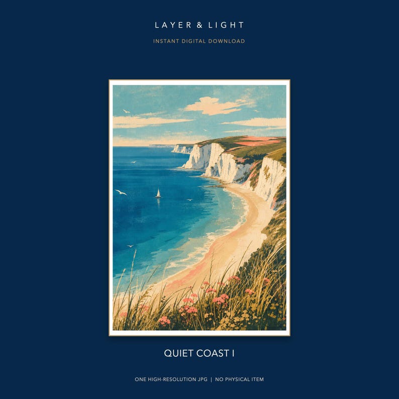 May include: A digital art print titled QUIET COAST I by LAYER & LIGHT featuring a coastal landscape with white cliffs, a sandy beach, and blue ocean water. A small sailboat floats on the water, and tall grasses with pink flowers grow in the foreground.