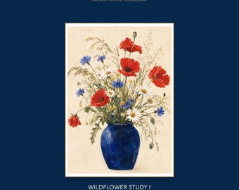 Mohnblumen- und Kornblumen-Wildblumen-Wandbild zum Ausdrucken, Botanischer Digitaler Download, Florale Cottagecore-Wohndekoration