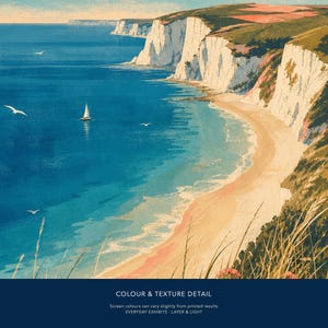 May include: A landscape art print depicting white chalk cliffs meeting a sandy beach and deep blue ocean. A small white sailboat floats on the water, and several seagulls fly nearby. The text at the bottom reads COLOUR & TEXTURE DETAIL.