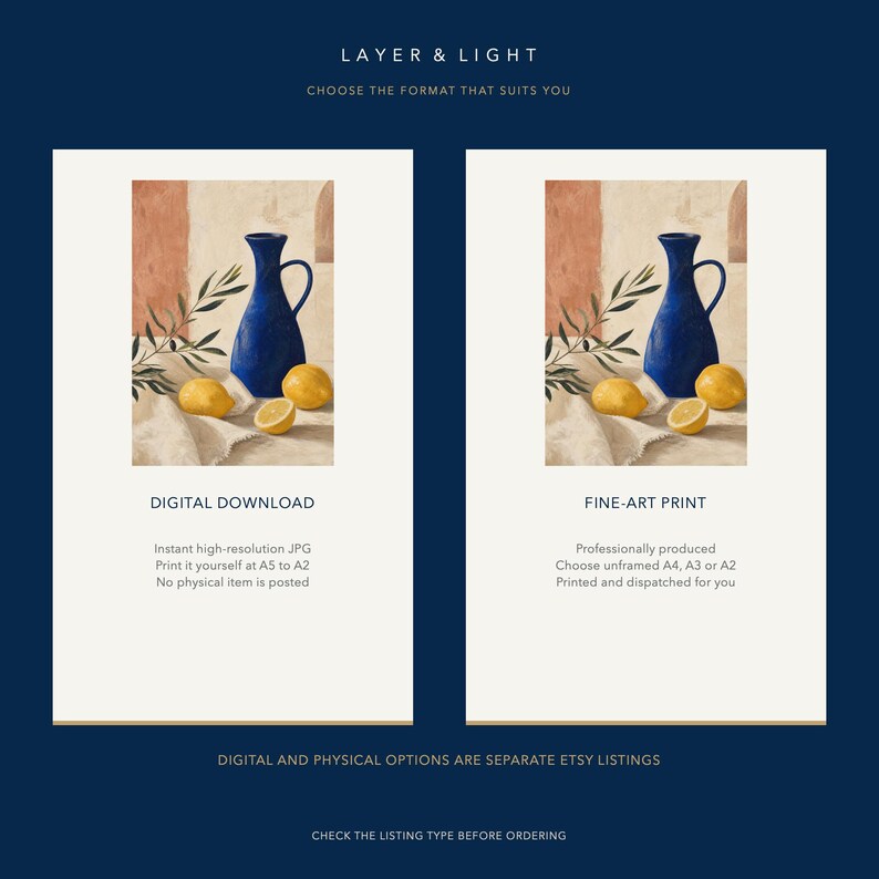 May include: Two side-by-side panels labeled LAYER & LIGHT, CHOOSE THE FORMAT THAT SUITS YOU. Left panel: DIGITAL DOWNLOAD, Instant high-resolution JPG, Print it yourself at A5 to A2. Right panel: FINE-ART PRINT, Professionally produced, Choose unframed A4, A3 or A2.