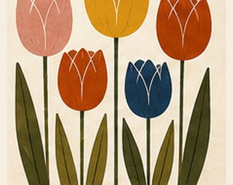 Sunday Tulips Retro Botanical Giclée Print, 70s Floral Wall Art, Vintage Boho SUNWORN Print, Layer and Light