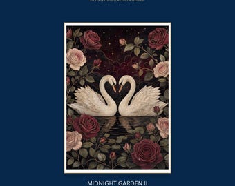 Wandbild „Schwanenrose und Sternenlicht“ zum Ausdrucken, dunkler botanischer Digitaler Download, verspielte Gothic-Wohndekoration