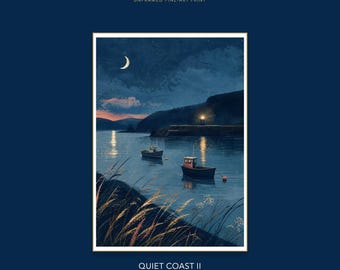 Moonlit Harbour Fishing Boats Coastal Fine Art Print, British Blue Hour Wall Art, Home Decor