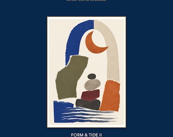 Stampa artistica astratta Coastal Moon Navy Terracotta, stile moderno Boho, download digitale.