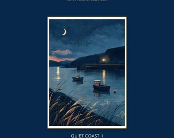 Stampa artistica da parete con barche da pesca illuminate dalla luna in un porto, paesaggio costiero britannico, ideale per decorazioni durante l'ora blu.