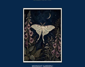 Luna Moth Foxglove Fern Fine Art Print, Dark Botanical Wall Art, Whimsigoth Cottagecore Decor