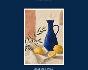 Lemon Olive Cobalt Still Life Fine Art Print, Mediterranean Kitchen Wall Art, Vessel Dining Room Decor