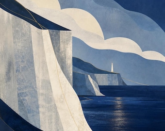 Stampa artistica da parete con paesaggio costiero al chiaro di luna, Costa Cobalto, download digitale, stampa con oceano blu scuro