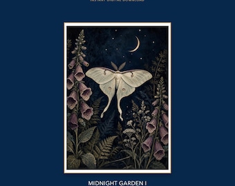 Mondfalter-Fingerhut-Wandbild zum Ausdrucken, Dunkler botanischer Digitaler Download, Verspielte Cottagecore-Dekoration