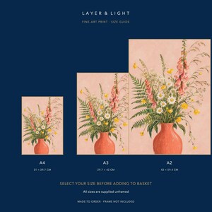 Peut inclure: Un guide des tailles pour tirages d'art par Layer & Light pr&eacute;sentant trois illustrations florales dans des vases corail sur fond rose. Les tailles sont indiqu&eacute;es A4 (21 x 29,7 cm), A3 (29,7 x 42 cm) et A2 (42 x 59,4 cm) avec mention sans cadre.