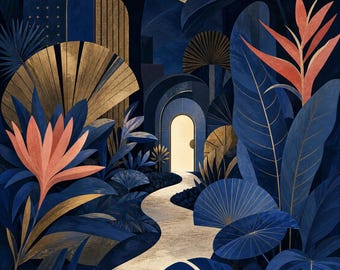 Affiche murale imprimable « Porte cachée », téléchargement numérique de jardin surréaliste, style cottagecore sombre