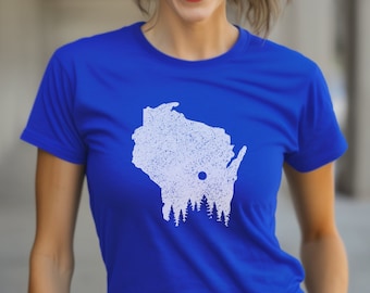 Wisconsin State Tee | Distressed Travel Wisconsin Pride Shirt Tree Moon Gift Tee Up North Adult Unisex T-shirt