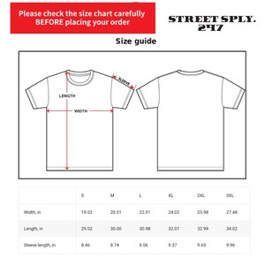 Puede incluir: Tabla de tallas para una camiseta con medidas en pulgadas para el ancho, la longitud y la longitud de la manga. Las tallas van de la S a la 3XL.