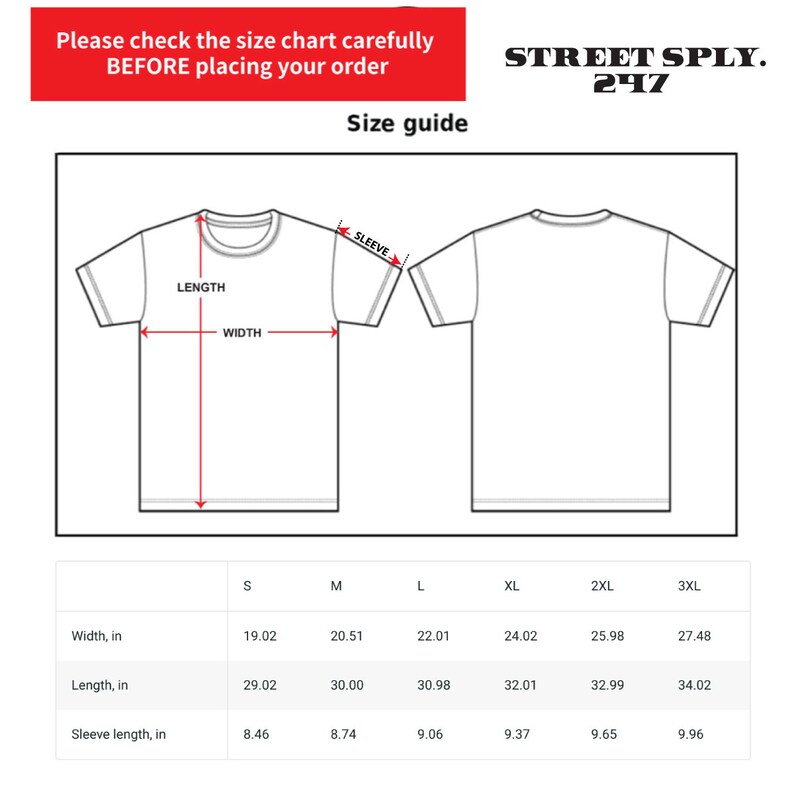Puede incluir: Tabla de tallas para una camiseta con medidas en pulgadas para el ancho, la longitud y la longitud de la manga. Las tallas van de la S a la 3XL.