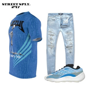Puede incluir: Una camiseta azul con un gr&aacute;fico de esqueleto y el texto "It Wants You". Vaqueros desgastados de color azul claro y zapatillas azules y blancas.