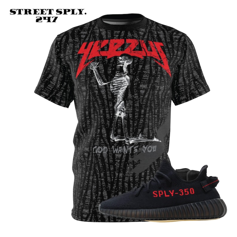 May include: Black and white t-shirt with a skeleton graphic and the text "YEEZUS" and "GOD WANTS YOU".  Black and white sneakers with red text that says "SPLY-350".