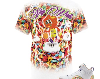 Camiseta de dibujos animados de baloncesto LeBron 4 Fruity Pebbles Match Tee Sky Walk