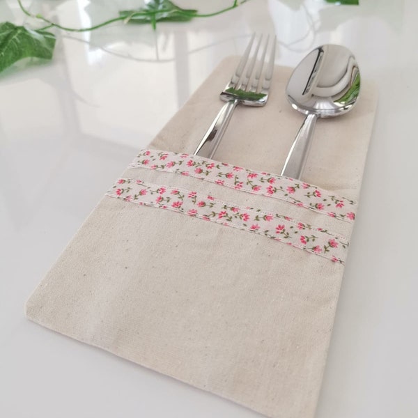 Flower Pattern Natural Linen Cutlery Holder Pocket, Linen Dinner, Linen Cutlery Holder, Table Utensil Holder, Dinner Table, Serviettenring