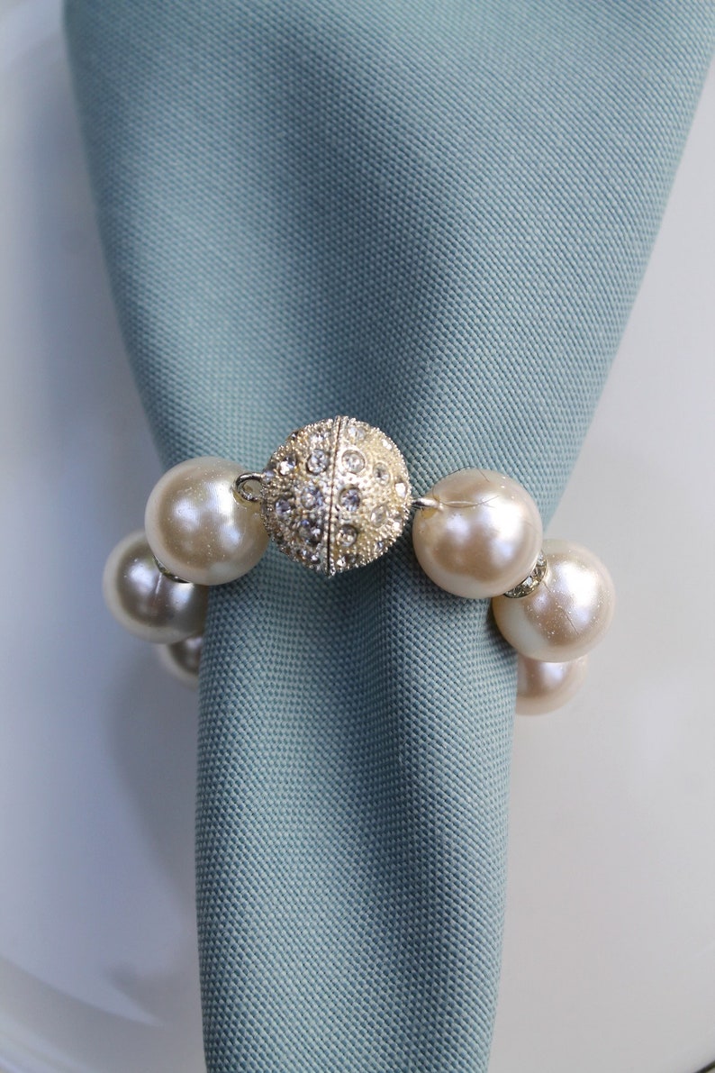 Silver Magnetic Napkin Ring, Plastic Pearl Beaded Napkin Ring, Napkin Holder Set, Silver Shiny Stone Napkin Ring, Napkin Rings, Table Decor image 4