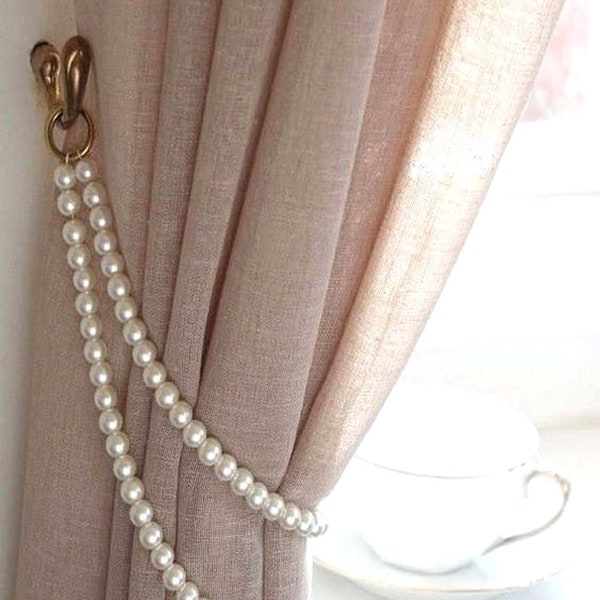 Beige Pearl, Metal Curtain Holdback, 2 Pcs Set, Curtain Tiebacks, Handmade Holdback, Living Room Decor, Wall decoration, Gift for Home