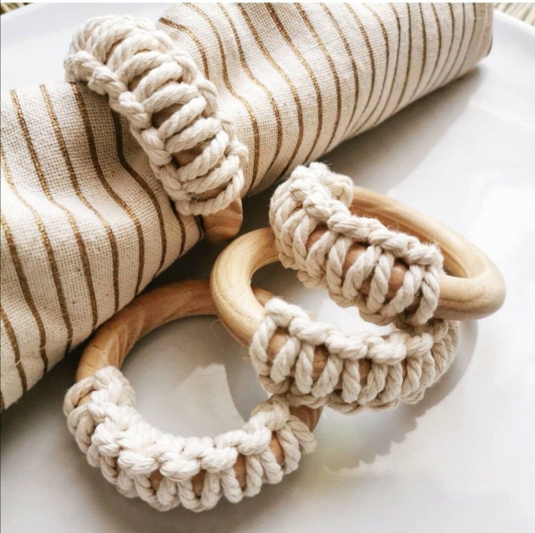 Macrame Cotton Wood Napkin Ring Table Decor Macrame Napkin Ring Set Napkin Holders Wedding Dinning Bohemian Wedding Napkin
