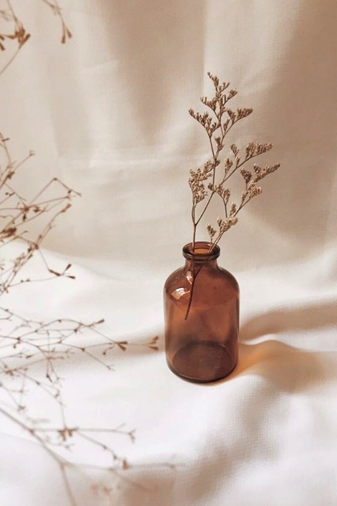 Amber Glass Vase, Amber Glass Vase With Wheat, Boho Decor, Minimal Vase