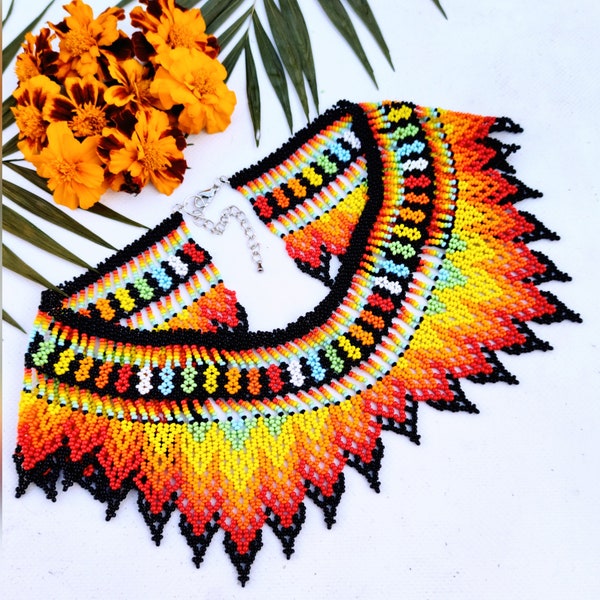 Huichol necklace Beaded collar Geometric multicolored necklace Art beadwork Huichol style  Choker Collar jewelry