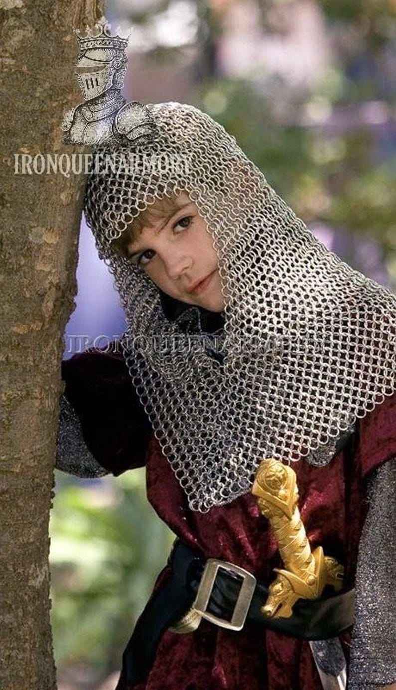 May include: A person wearing a chainmail hood and a burgundy tunic with a gold-coloured sword. The image includes the text "IRONQUEENARMORY" in the upper left corner. The person is leaning against a tree.