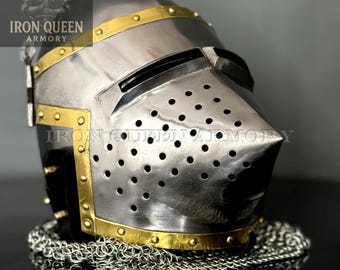 Medieval Bascinet Helmet: Visored Barbute with Brass Trim, Chainmail Aventail
