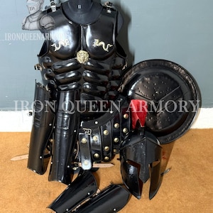Black Spartan Gladiator Armor Set | Full Roman Warrior Costume with Breastplate, Helmet, Shield & Greaves | LARP, Cosplay, Halloween