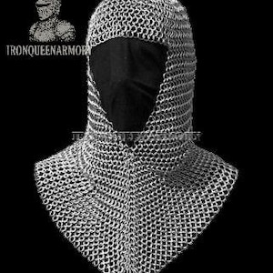 May include: A silver chainmail coif, a medieval head covering, with a black fabric face opening. The coif is made of small, interlocking metal rings. The Iron Queen Armor logo is visible in the upper left corner.