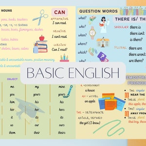BASIC ENGLISH || Learn language || english for beginners || back to school supplies, english for kids, child || cheat sheet, education print