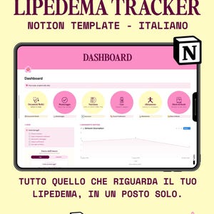 Può includere: Un modello Notion per il monitoraggio del lipedema visualizzato su uno schermo di tablet. L'interfaccia presenta una dashboard rosa con icone circolari per documenti medici, nutrizione e sintomi. Il testo include LIPEDEMA TRACKER e TUTTO QUELLO CHE RIGUARDA IL TUO LIPEDEMA, IN UN POSTO SOLO.