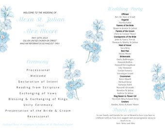 Op de afbeelding: Huwelijksceremonieprogramma met blauwe bloemenaccenten. Het programma geeft de volgorde van de gebeurtenissen voor de bruiloft van Alexa St. Julian en Alex Moore weer, die op 20 mei 2023 plaatsvindt in de Calvin United Church of Christ.