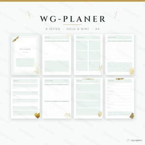 Op de afbeelding: Een set van acht A4-plannerpagina's getiteld WG-PLANER, met een mintgroen en goud kleurenschema. De pagina's bevatten diverse sjablonen voor organisatie, met gouden accenten, lijnen en vakjes voor notities op een witte achtergrond.